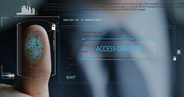 Замедление сканирования биометрической идентификации и утверждения отпечатков пальцев. концепция будущего безопасности и управления паролем через отпечатки пальцев в продвинутом технологическом будущем и кибернетике
