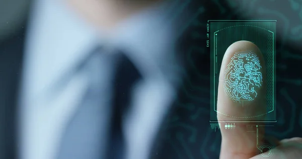 Slow motion of scan fingerprint biometric identity and approval. concept of the future of security and password control through fingerprints in an advanced technological future and cybernetic — Stock Photo, Image