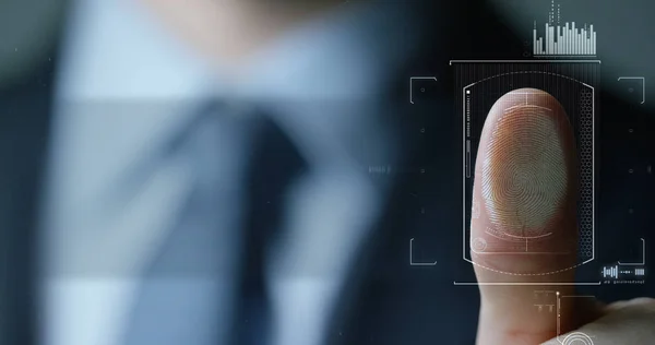 Gerakan lambat scan sidik jari Identitas biometrik dan persetujuan. konsep masa depan keamanan dan kontrol password melalui sidik jari di masa depan teknologi canggih dan cybernetic Stok Foto