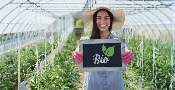 En vacker flicka i en stråhatt och bär Rosa gummihandskar, innehar en svarta tavlan, i ett växthus. Koncept: bioprodukter, naturliga produkter, färska, läckra, frukter, grönsaker, växa, vatten, växter — Stockfoto