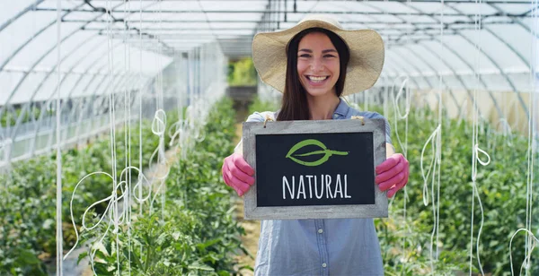 Uma menina bonita em um chapéu de palha e usando luvas de borracha rosa, segura uma placa preta, em uma estufa. Conceito: produtos biológicos, produtos naturais, frescos, deliciosos, frutas, legumes, crescer, água, plantas — Fotografia de Stock