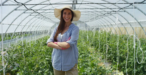 Retrato Menina bonita em um chapéu de palha e usando luvas de borracha rosa, sorrindo, em uma estufa. Conceito: produtos biológicos, produtos naturais, frescos, deliciosos, frutas, legumes, crescer, água, plantas . — Fotografia de Stock