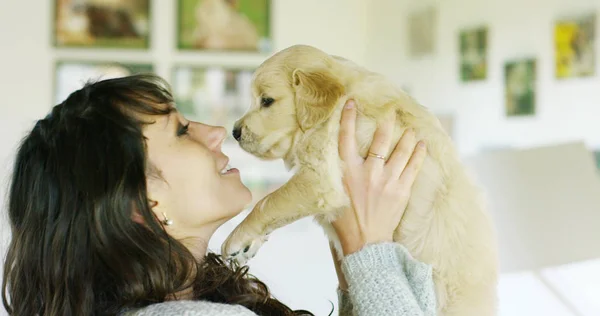Une fille câline, joue, embrasse, entraîne son chien reproducteur doré chiot avec pedigree.Play et sont heureux et sourire. Concept : chiots, amour des animaux, douceur et nature . — Photo