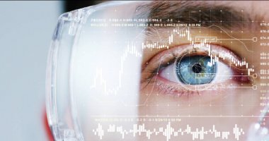 Biyometrik futuristik grafik olan bir bilim adamı ve mali grafikli Holografi.