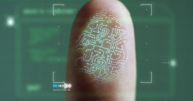futuristic digital processing of biometric fingerprint scanner. concept of surveillance and security scanning of digital programs and fingerprint biometrics. cyber futuristic applications. clipart