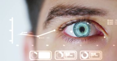 sanal gerçeklik ile uygulanan makro mavi göz. gerçeklik ve siber teknoloji kavramı futuristik vizyonu. Güvenlik makinaları teknolojisi için uygulanır. Kavramı web denetimi ve uzaktan destek.