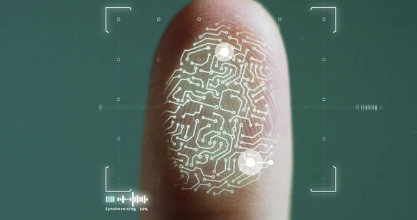 Futuristische digitale Verarbeitung biometrischer Fingerabdruckscanner. Konzept der Überwachung und Sicherheitsüberprüfung digitaler Programme und biometrischer Fingerabdrücke. Cyber-futuristische Anwendungen. — Stockfoto