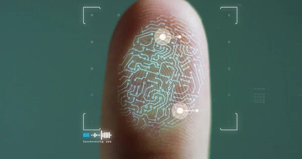 Futuristische digitale Verarbeitung biometrischer Fingerabdruckscanner. Konzept der Überwachung und Sicherheitsüberprüfung digitaler Programme und biometrischer Fingerabdrücke. Cyber-futuristische Anwendungen. — Stockfoto