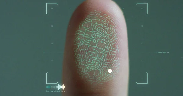 Biometrikus ujjlenyomat-szkenner futurisztikus digitális feldolgozása. A digitális programok és az ujjlenyomat-biometrikus adatok megfigyelésének és biztonsági szkennelésének koncepciója. Cyber futurisztikus alkalmazások. — Stock Fotó