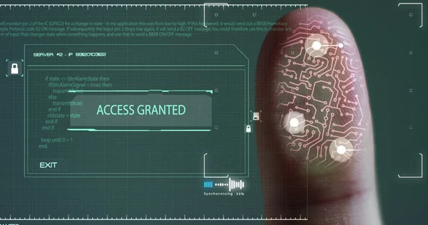 Procesamiento digital futurista del escáner biométrico de huellas digitales. Concepto de vigilancia y escaneo de seguridad de programas digitales y biometría de huellas digitales. Aplicaciones ciberfuturistas. — Foto de Stock