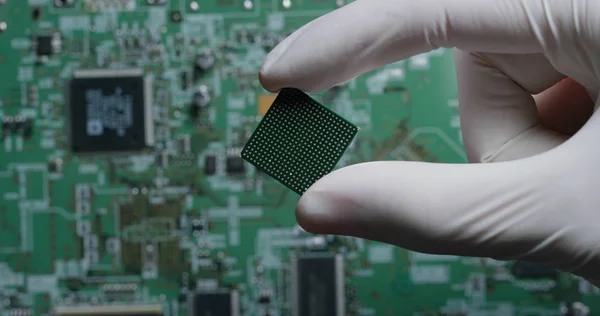 Macro shot of a chip, futuristic and modern advanced technology system. The circuit is used in the computer processor and the hi-tech communication and business security and information and assistance