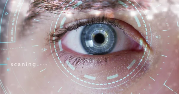 Macro blue eye implementata con realtà virtuale. visione futuristica della realtà e concetto di cyber tecnologia. Sistemi di sicurezza applicati alla tecnologia. Concetto di controllo web e supporto remoto . — Foto Stock