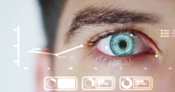 Blue eye macro implemented with virtual reality. futuristic vision of reality and concept of cyber technology. Security sistems applied to technology. Concept of web control and remote support. — Stock Photo, Image