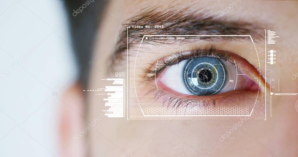 blue eye macro implemented with virtual reality. futuristic vision of reality and concept of cyber technology. Security sistems applied to technology. Concept of web control and remote support.