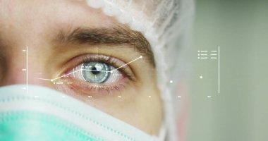 yakın up veya makro bir göz bir doktor, cerrah. tıbbi bakım ve hasta koruma, fütüristik ve teknolojik vizyonu. fütüristik tıp, teknoloji göz, tıbbi Holografi, gelecek