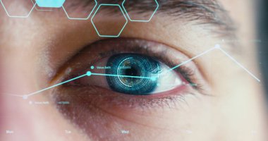 sanal gerçeklik ile uygulanan makro mavi göz. gerçeklik ve siber teknoloji kavramı futuristik vizyonu. Güvenlik sistemleri teknolojisi için uygulanır. Kavramı web denetimi ve uzaktan destek.
