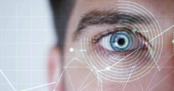 Macro ojo azul implementado con realidad virtual. visión futurista de la realidad y el concepto de la cibertecnología. Sistemas de seguridad aplicados a la tecnología. Concepto de control web y soporte remoto . —  Fotos de Stock