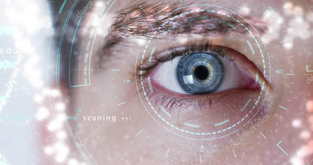 blue eye macro implemented with virtual reality. futuristic vision of reality and concept of cyber technology. Security systems applied to technology. Concept of web control and remote support.