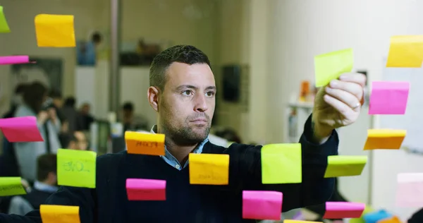 Portrait of a smiling man in a thoughtful and creative agency with colorful notes and planning hanging behind the glass and the working people. Concept: team work, agency, creative, business