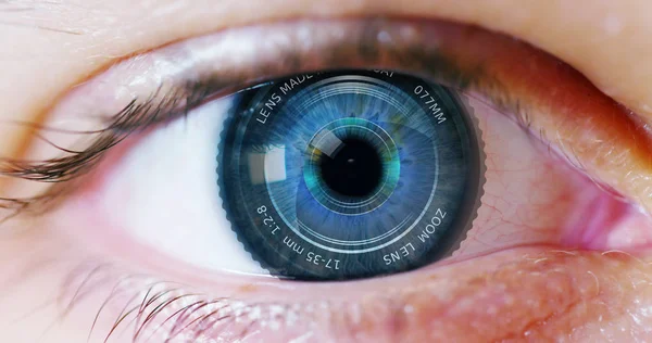 Blue eye macro diimplementasikan dengan realitas maya. visi futuristik realitas dan konsep teknologi cyber. Sistem Keamanan diterapkan pada teknologi. Konsep kontrol web dan dukungan remote . — Stok Foto