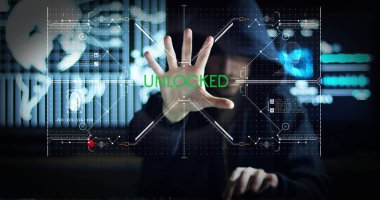 Hacker sistemi güvenlik şifresini bulmak için kodları ve numaraları kullanarak girmek için çalışır. Hacker oturum açma bilgilerini çalmak için yazılım girer. Konsept: üstün teknoloji, Artırılmış gerçeklik