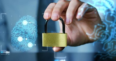 işadamı göstermek bir asma kilit ile fütüristik güvenli giriş hizmetleri ve safety.concept, hakkında holografik: şifre, teknolojik hacker Internet veya bankacılık sistem koruması sistem dosyaları
