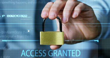 işadamı göstermek bir asma kilit ile fütüristik güvenli giriş hizmetleri ve safety.concept, hakkında holografik: şifre, teknolojik hacker Internet veya bankacılık sistem koruması sistem dosyaları