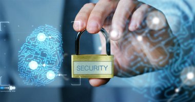 işadamı göstermek bir asma kilit ile fütüristik güvenli giriş hizmetleri ve safety.concept, hakkında holografik: şifre, teknolojik hacker Internet veya bankacılık sistem koruması sistem dosyaları