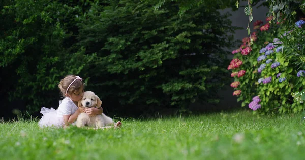 Маленька дівчинка, одягнена як маленька танцівниця, цілує свого маленького друга цуценя-собаку золотим ретривером, що сидить на галявині та щасливій концепції дружби, дружби між собаками та людьми. з'єднання — стокове фото