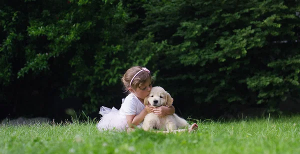 Mała dziewczynka ubrana jak małą tancerkę, całując jej mały przyjaciel szczeniak pies golden retriever siedzi na trawnik i szczęście pojęcie przyjaźni, przyjaźni między psów i ludzi. połączenia — Zdjęcie stockowe