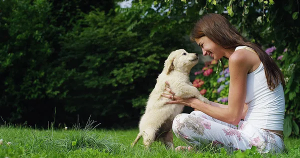 Tedere moeder spelen met een zoete puppy golden retriever in een prachtige tuin op een zonnige dag op het gras. vriendschap concept voor hond en vitaminen of gezonde hond concept. geluk natuur dier — Stockfoto