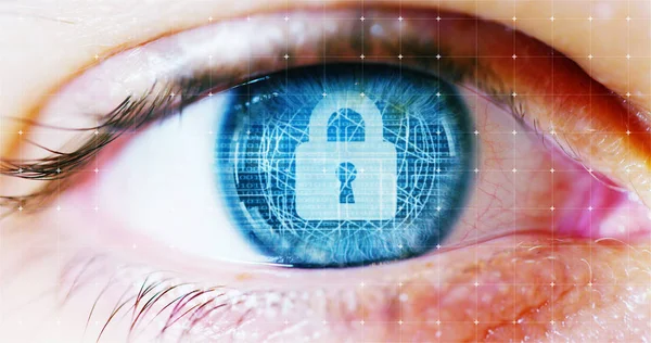 Μακροεντολή μάτι 6k ψήφισμα φουτουριστική γραφική εφαρμογή. ανθρώπινο ον φουτουριστικό όραμα, όραμα και ελέγχου και προστασίας των προσώπων, ελέγχου και ασφάλειας σε προσβάσεων. σύστημα επιτήρησης — Φωτογραφία Αρχείου