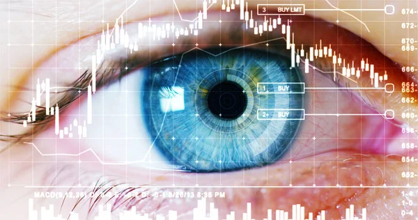 Macro eye 6k resolução implementação gráfica futurista. ser humano visão futurista, visão e controle e proteção de pessoas, controle e segurança nos acessos. sistema de vigilância — Fotografia de Stock