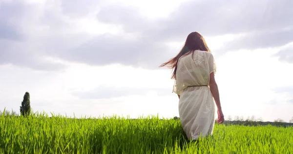 Chica de belleza con cabello largo saludable al aire libre. Feliz joven sonriente disfrutando de la naturaleza. Hermosa mujer joven divirtiéndose en el prado. Concepto de libertad. Puesta de sol — Foto de Stock