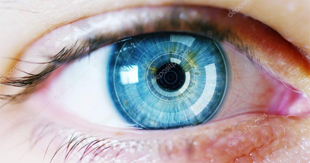 macro eye 6k resolution futuristic graphical implementation. human being futuristic vision, vision and control and protection of persons, control and security in the accesses. surveillance system