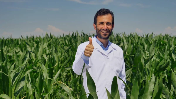 Kameraya gülümseyen bir çiftçinin portresi, mısır tarlasına bakıyor ve kontrol ediyor, yeşillikler arka planda. Kavram: ekoloji, mısır, biyolojik ürün, teftiş, su, doğal ürünler, profesyonel, çevre. — Stok fotoğraf