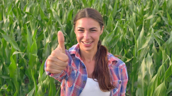 Schöne Bäuerin, lächelnd, schauend, Maisfeld prüfend, jung gebräunt, grüner Hintergrund. Konzept: Ökologie, Mais, Bioprodukt, Inspektion, Wasser, Naturprodukte, Professional, Umwelt. — Stockfoto