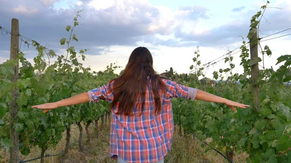 Hermosa niña (mujer) agricultor sonriendo viendo los campos de uva, se siente la libertad, en una camisa, fondo verde. Concepto: ecología, vino, bio-producto, inspección, agua, productos naturales, agricultura . — Foto de Stock