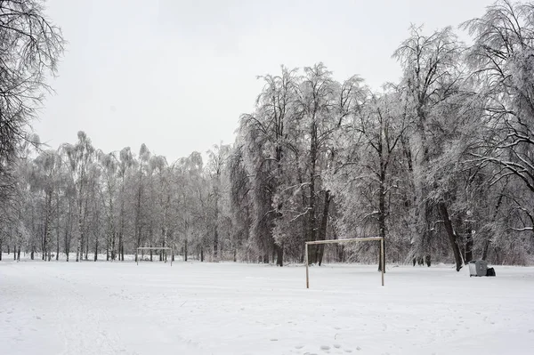 El gol de fútbol está bajo la nieve — Foto de Stock