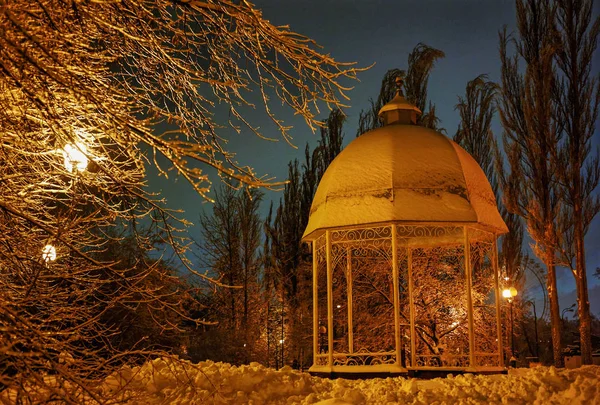 Pabellón en el callejón del parque de invierno por la noche, Moscú — Foto de Stock