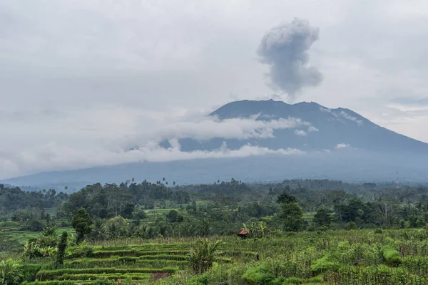 Zobacz erupcji wulkanu Agung w pobliżu pól ryżowych, Bali, Indonezja — Zdjęcie stockowe
