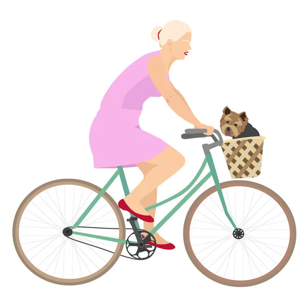 Menina na bicicleta com yorkshire terrier . —  Vetores de Stock