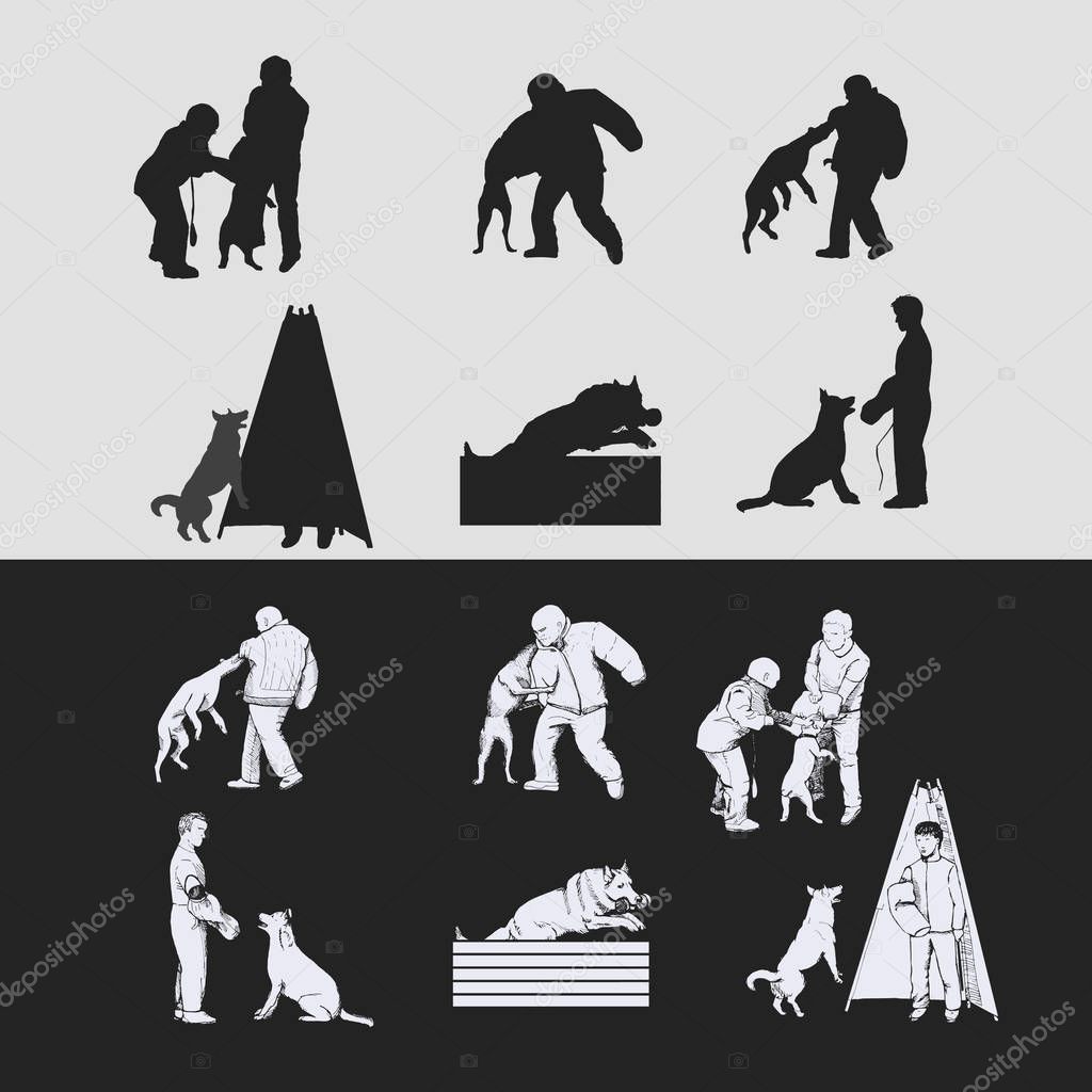 Schutzhund training silhouettes and hand drawn figures.