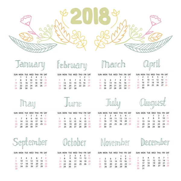 Календар на 2018 рік з простим дизайном . — стоковий вектор