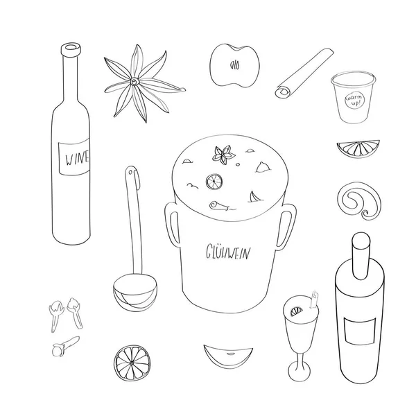 Mulled wine outline ingredients. — Stock Vector