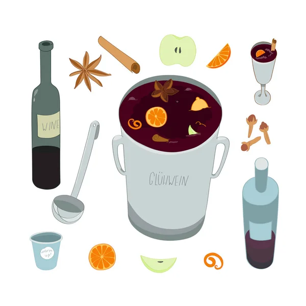 Mulled wine ingredients in color. — Stock Vector
