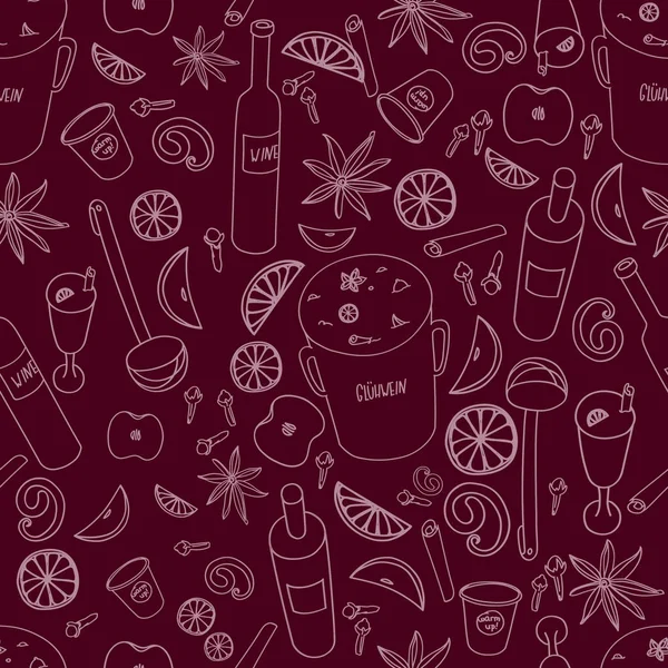 Mulled wine outline seamless pattern. — Stock Vector
