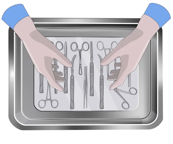 Handen in handschoenen en de tray met medische hulpmiddelen. — Stockvector