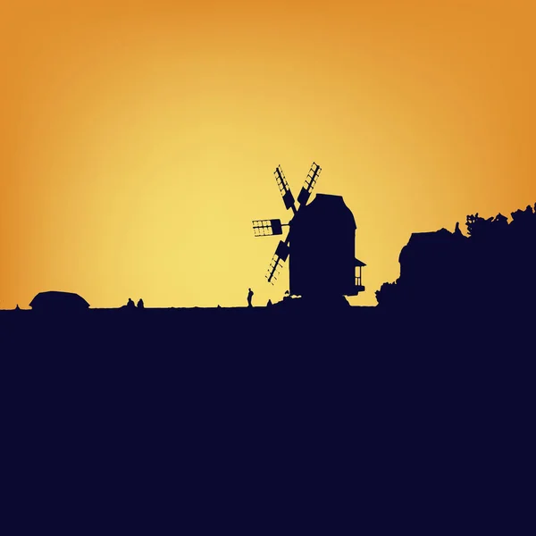 Silhouette moulin à vent au coucher du soleil . — Image vectorielle