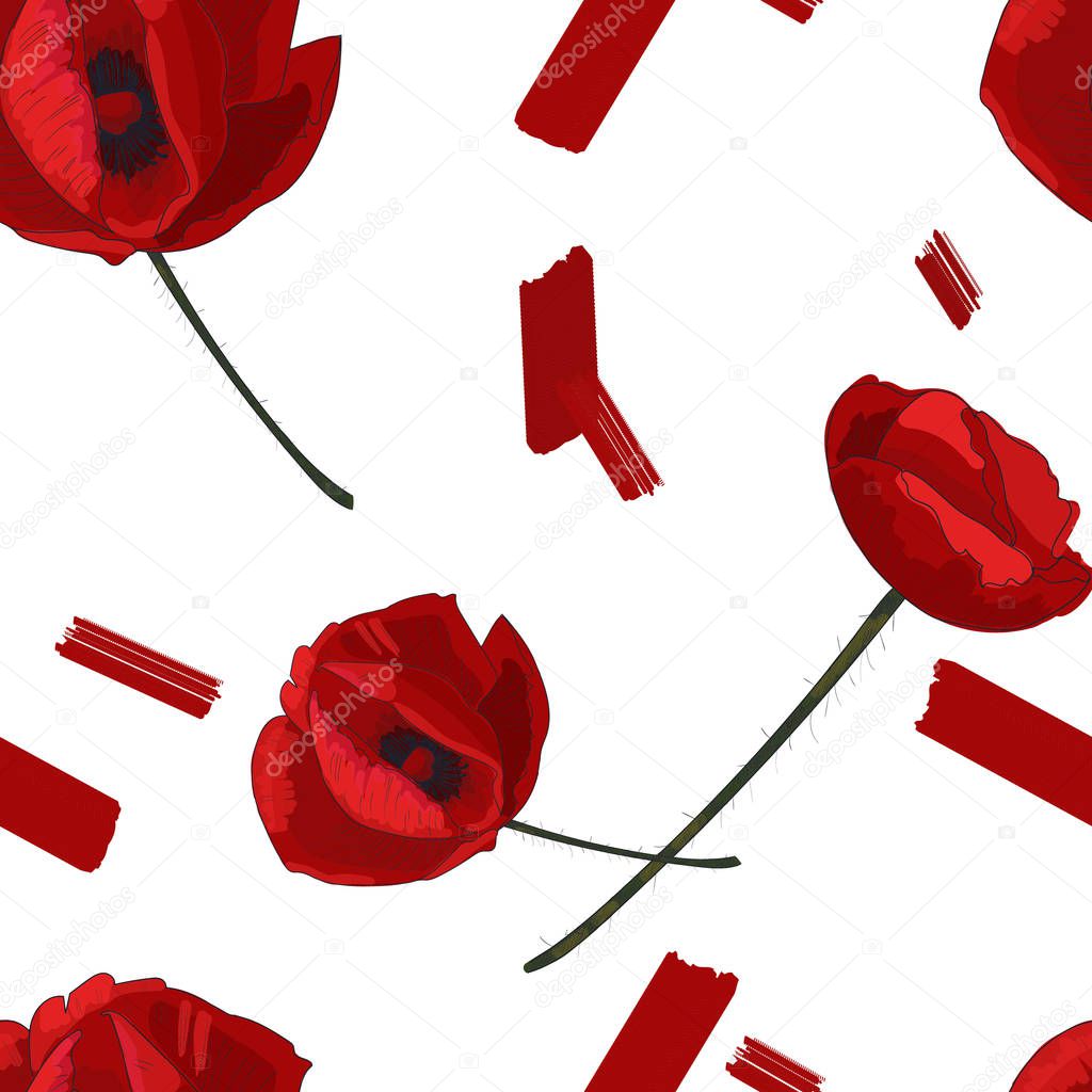 Red poppy flowers and paint smears seamless pattern.